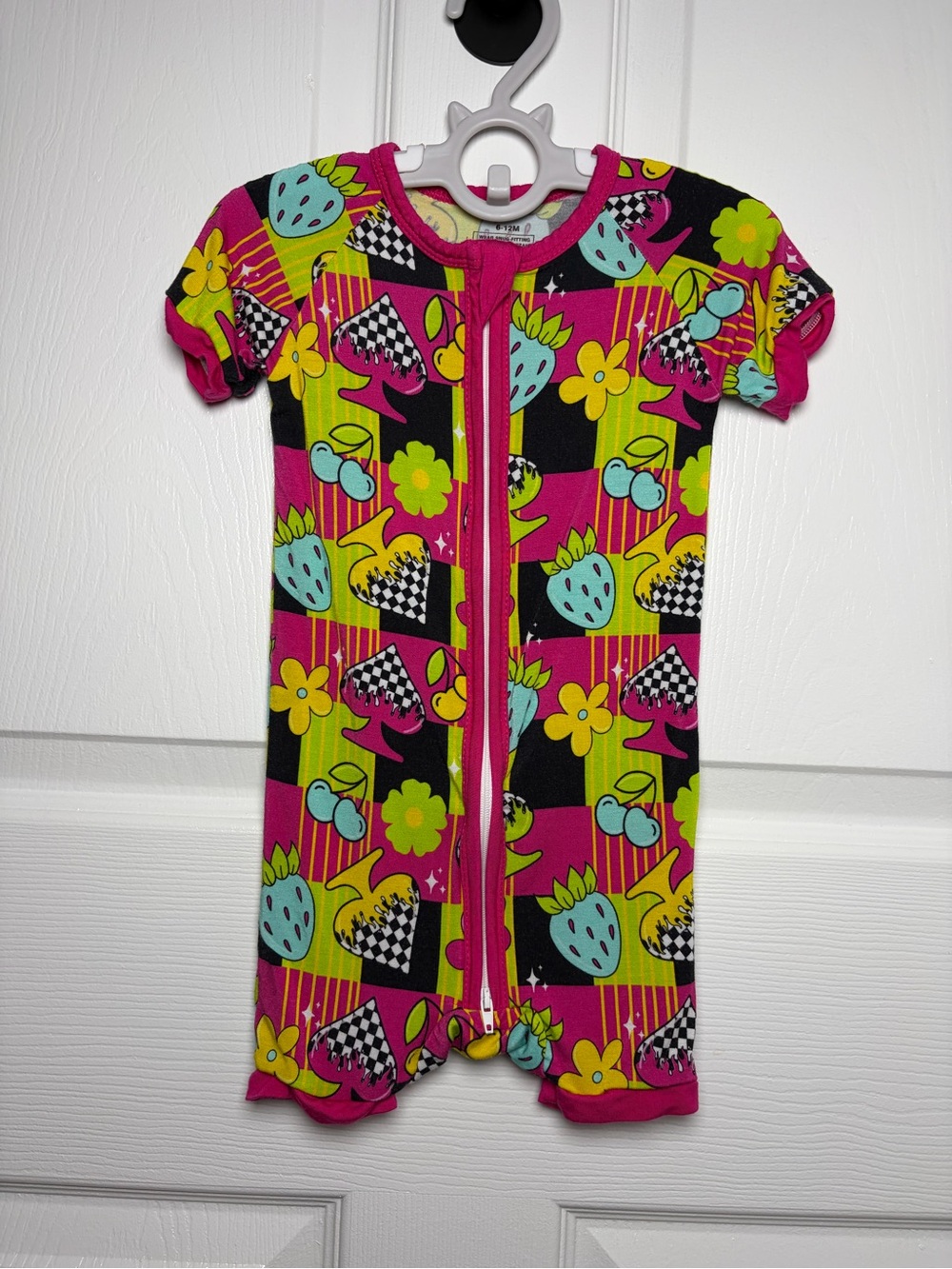 Retro Fruit Checkered Bamboo Shorty Zippy Romper 6-12M EUC
